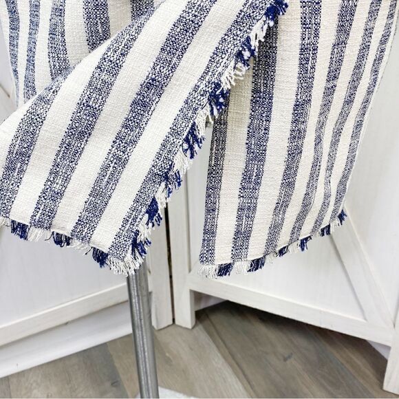 Banana Republic Striped Tweed Midi Skirt Fringe Trim Pencil Blue White Size 10 - Picture 7 of 13